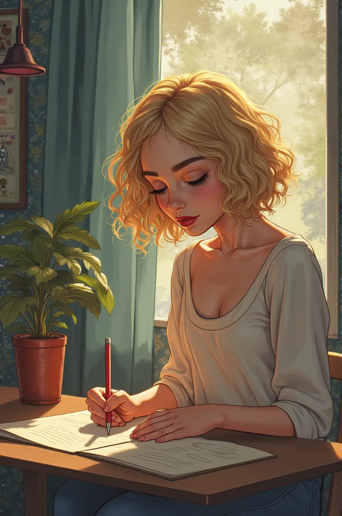 A storyboard of a girl who is a lesbian has short and curly blonde hair , he is writing a letter to his love who is a girl who is in Chile , He is on the bus , then in a park , then in a game room but always missing her while listening to music 