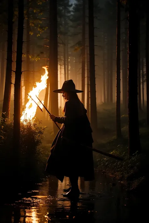 An old witch with a slightly curved back holds a wooden stick and a wooden pick is burning in her other hand. The atmosphere is dark, the night floods the forest, the witch moves away into the forest