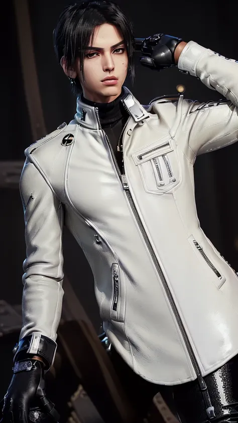 ((Final fantasy taste and reality graphics)), (((very cool and good looking young cute Japanese  boy))), his age is early 20s, thin eyebrows and beady eyes,  (((((he wearing very thick and heavy cream white color leather, single-brest and double zipper jac...