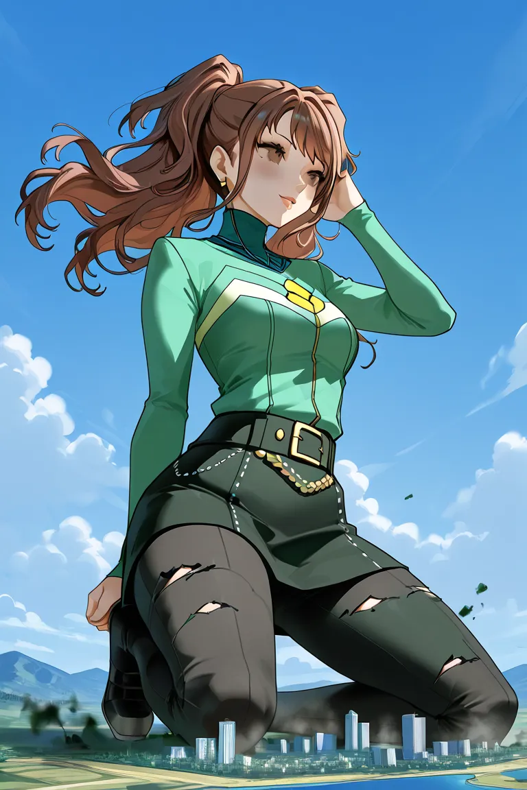 (Persona 4 Rise Kujikawa), (Giantess). (A tiny landscape with many forests towns rivers and mountains under her body). (Outdoors sky-only night background). (landscape being destroyed). (pinup pose). (fully clothed).
