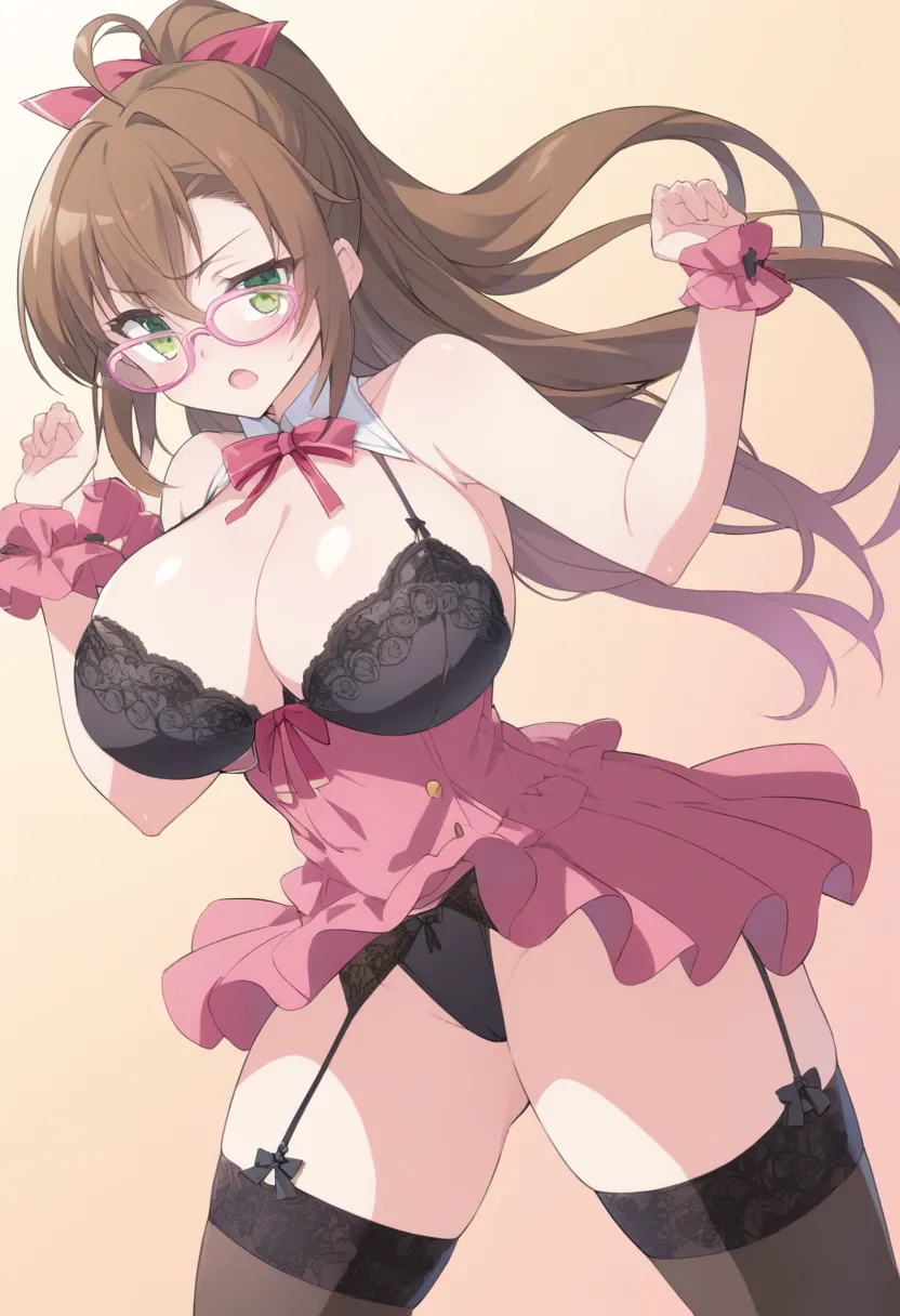 Sexy Aika Kiryuu, wearing black lingerie, garter , silk stockings , brown hair , 2 pony hairstyles , big breasts , voluptuous , green eyes, wears pink circular glasses, pose sexy . anime High School DxD Referencia