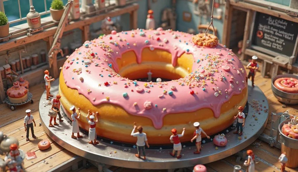 **8. Monumental Donut Assembly Line**  
A colossal donut is being crafted. Tiny people are working together in a bustling donut factory. One person is carefully pouring dough into a giant donut mold using a tiny crane, while another is monitoring the fryin...