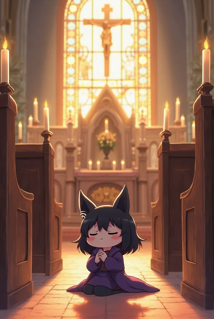 Create me an image of Kuromi praying in church