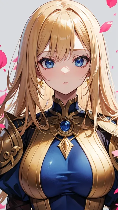 anime-style illustration, En Morikura style, beautiful female warrior, long wavy golden-blonde hair, sapphire blue eyes, royal blue and gold dress, intricate embroidery, delicate lace, legendary necklace Brísingamen, glowing golden aura, majestic armored c...