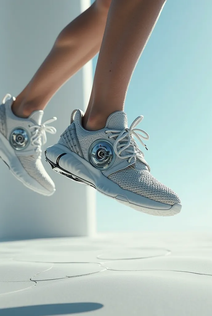 Continue with the sneakers on that model but make them look like they are taking flight but make a circle that is half 'robotic' to symbolize like a little motor 