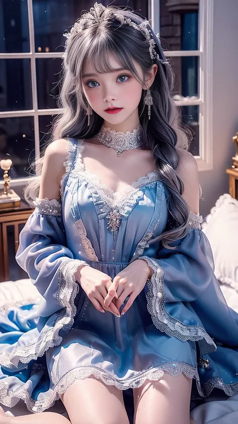 (Best Quality,4K, 8,000,high resolution, masterpiece:1.2), extremely detailed,Mature Woman,,magic,enchanting,joy, Holy Goddess ,magical effect,Silver Hair,blue eyes, Transparent Dress ,Beautiful decoration,Features of the magical costumes of the heavens， a...