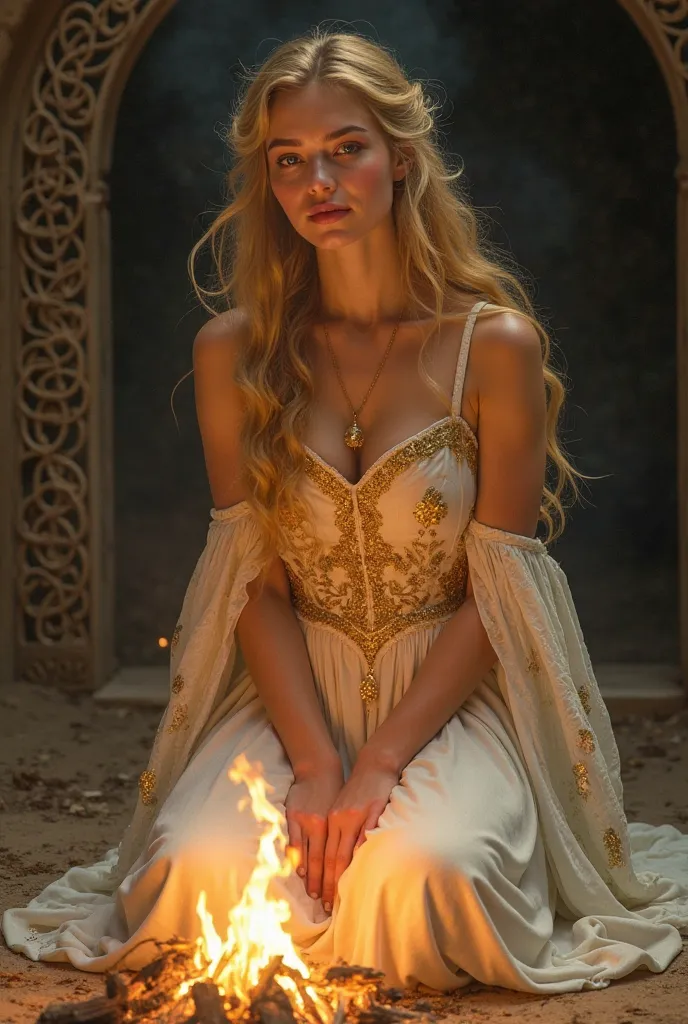 / imagine prompt : 
Full length portrait of a young woman with a golden aura, 
Kneeling in front of a bonfire on the ground, in the center of a Celtic round house
long wavy blond hair, 
His eyes are big, bright and light blue,
arched eyebrows with bronzed ...