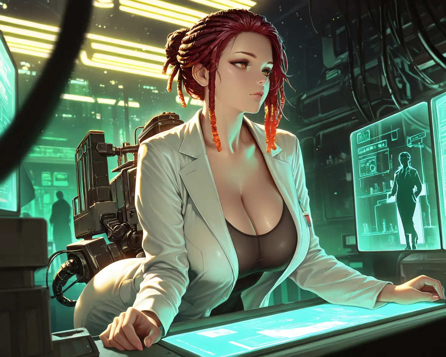 masterpiece, best quality, vibrant, very aesthetic, high contrast, semrealistic, newest, mature female, brilliant scientist in labcoat, red hair, dreadlocks high bun, hidden cleavage, big breast silhouette, big ass, focus on work, intense stare, soft light...