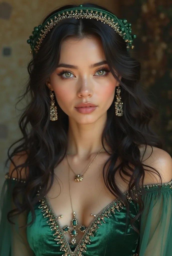 A woman with wavy black hair.  his eyes are turquoise , with a gentle look and a refined and pleasant appearance. She wears a moss green dress, made of velvet with silver edges. Wear silver earrings, in green jewelry and wears a headdress over his head. A ...