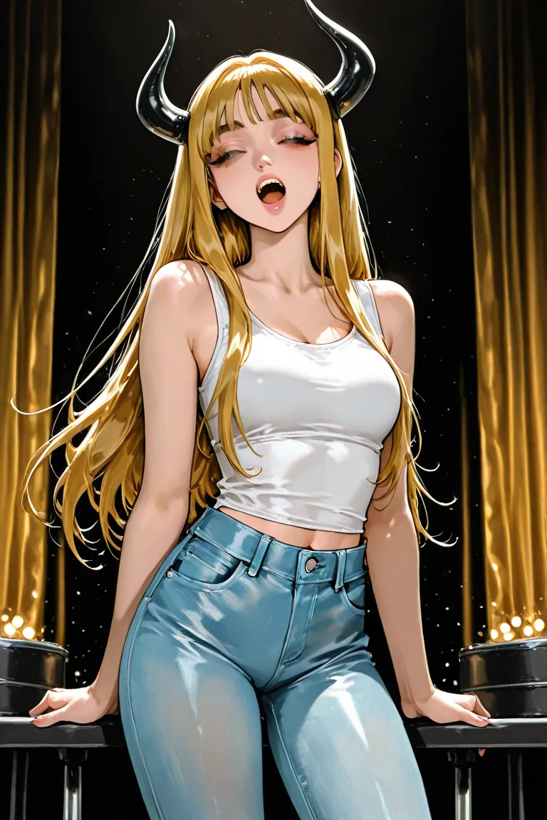 a punk, female, blonde, long hair, girl, with devil horns, singing a song, low rise jeans, white tank top, on a stage, with a orchestra in the back
