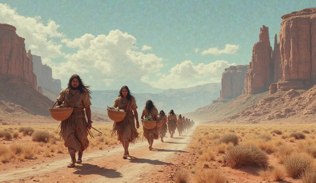 "A group of Anasazi people walking through the desert, carrying their belongings, migrating toward an unknown future