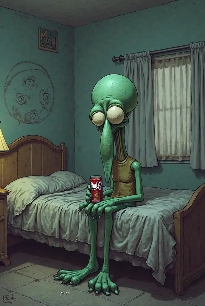 Depressed squidward drinking beer in a motel 6 on the bed
