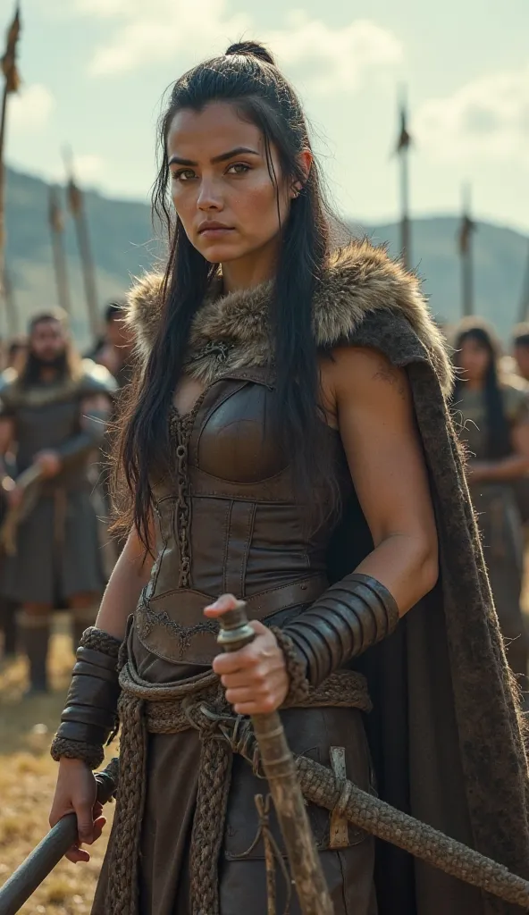 "A fierce Viking shieldmaiden stands in a training arena, wearing a tight leather battle corset and fur-lined boots. She grips a wooden practice sword, her muscles tensed as she prepares for a sparring session. Her long, raven-black hair is tied back, reve...