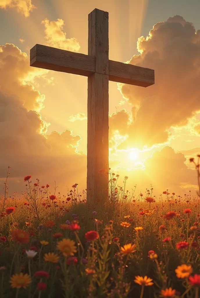 “A large wooden cross illuminated by the sun at sunset, surrounded by a field of wild flowers, with a background of golden clouds and an atmosphere of adoration and gratitude.”