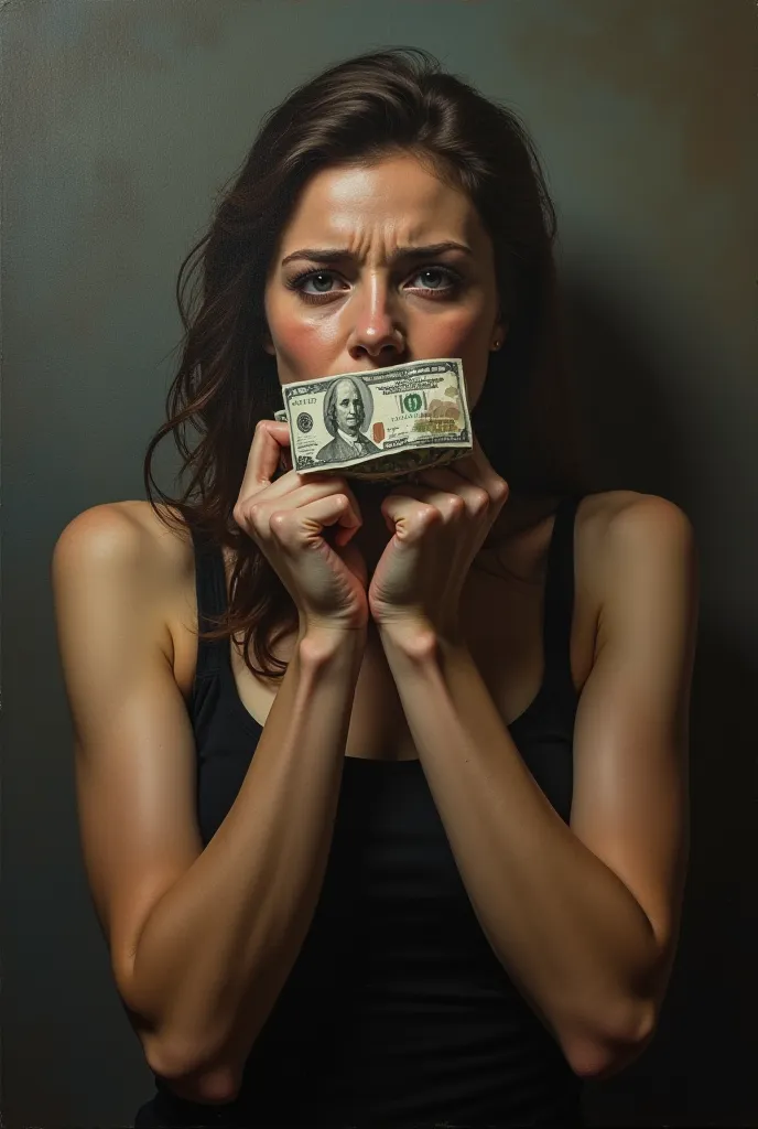 art painting about raped woman that is mouth was covered by money