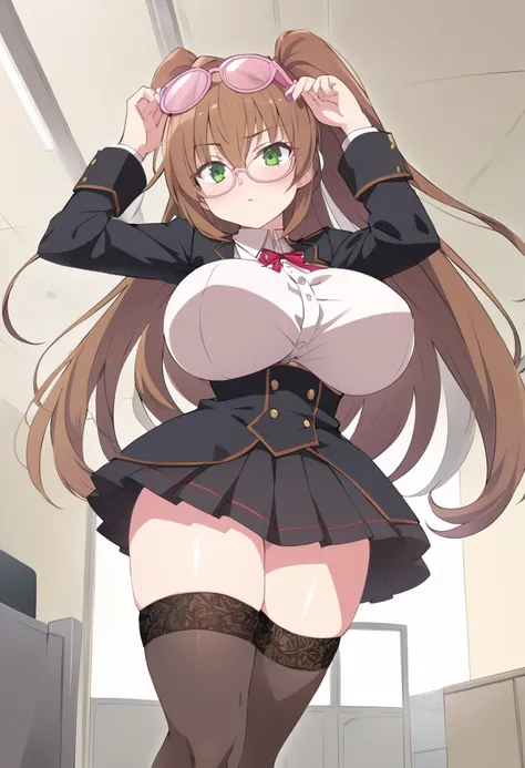 Sexy Aika Kiryuu, garter , silk stockings , brown hair , 2 pony hairstyles trenzado , big breasts , voluptuous , green eyes, wears pink circular glasses, uniform JK, pose sexy . anime High School DxD Referencia