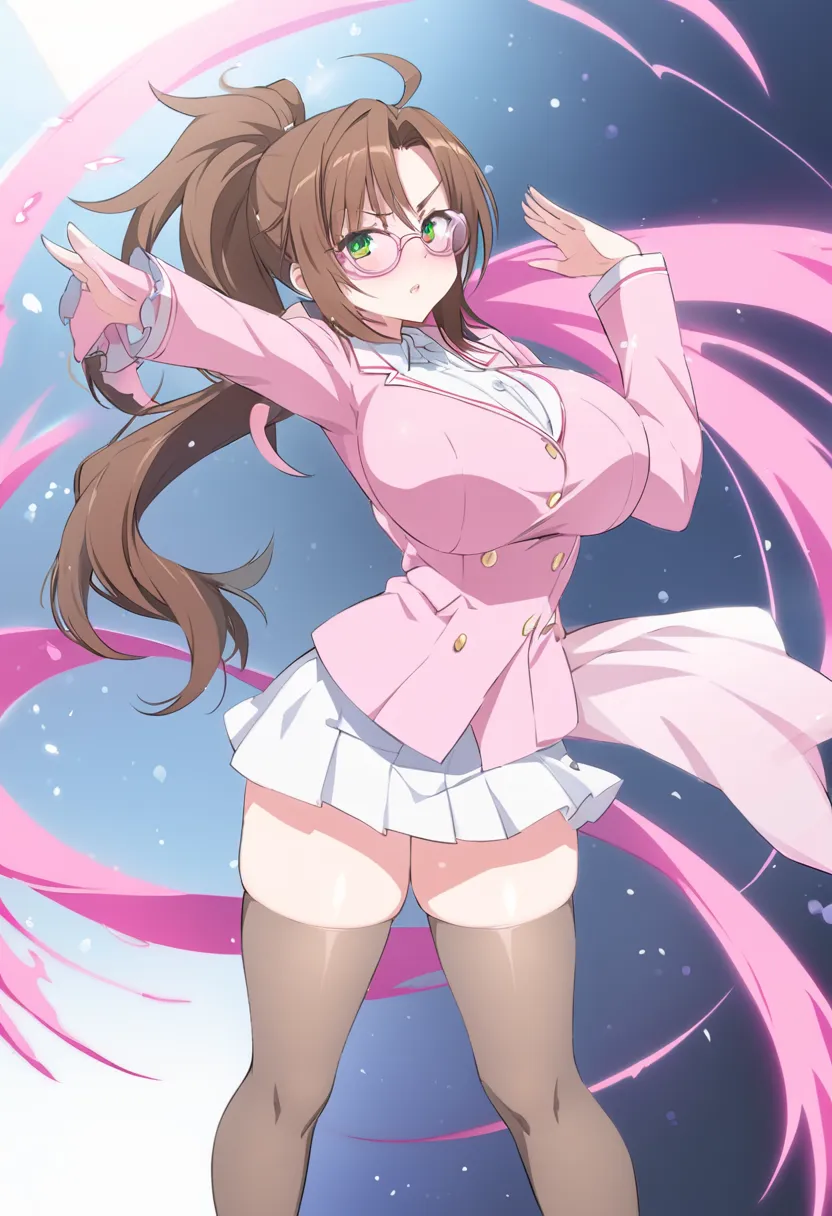 Sexy Aika Kiryuu, garter , silk stockings , brown hair , 2 pony hairstyles trenzado , big breasts , voluptuous , green eyes, wears pink circular glasses, uniform JK, pose sexy . anime High School DxD Referencia