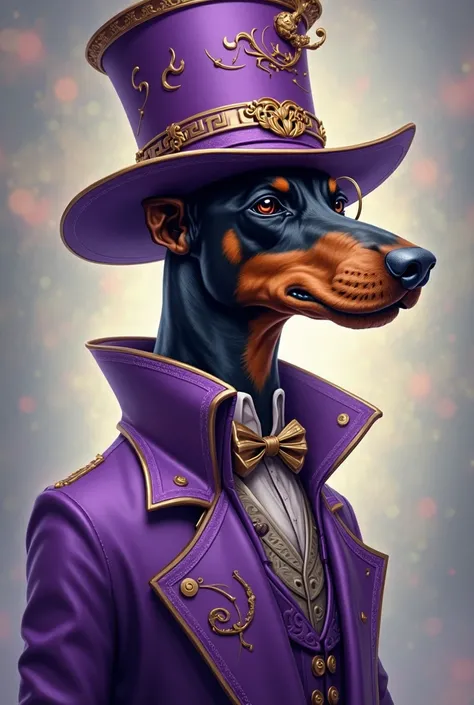 dobberman humanoide,, wears a purple top hat with gold details,, a gold eyeglass on the right eye,, a purple suit with gold details,, Do you smoke a pipe ,, It's a wizard,, D style art&d