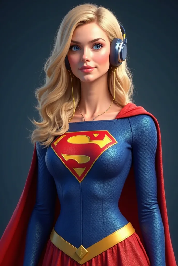 "A highly detailed and realistic 3D render of a young woman with long, vibrant blonde hair and striking blue eyes, dressed as Supergirl. She wears a form-fitting blue suit with the iconic red and yellow 'S' emblem on her chest, a red cape flowing behind he...