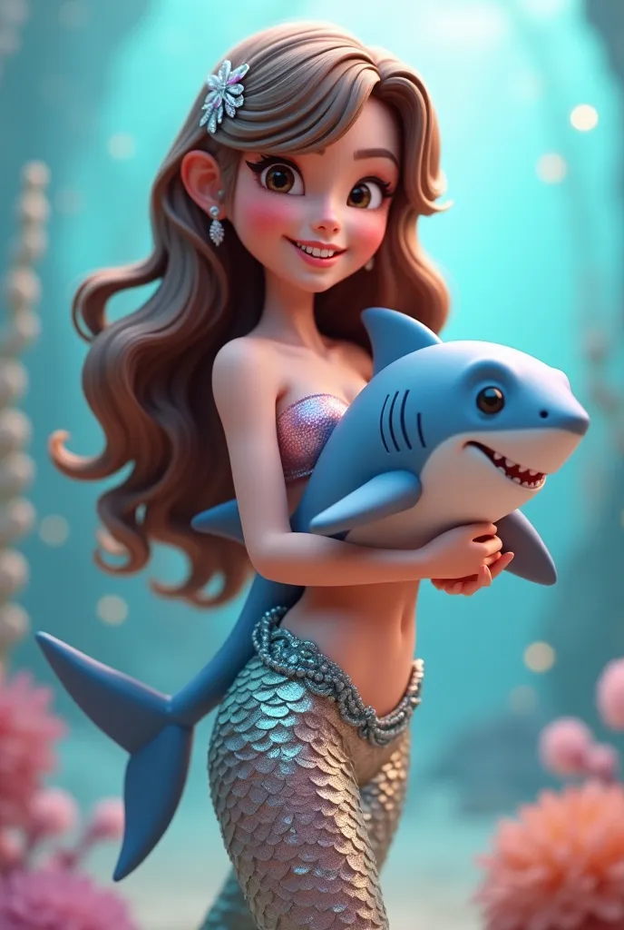  create a 3D illustration, s, king, long brown hair with curls and smooth bangs on the forehead, happy, Mermaid outfit and holding a shark, digital mascot