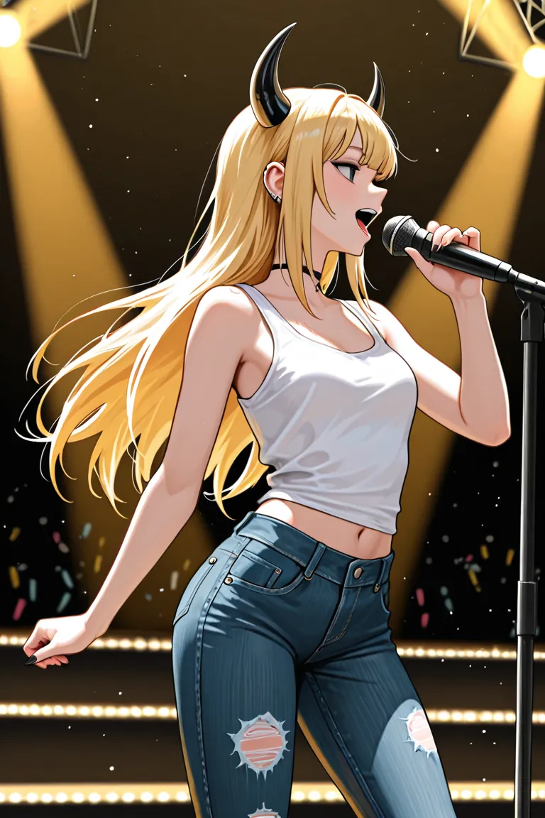 a punk, female, blonde, long hair, girl, with devil horns, singing a song, low rise jeans, white tank top, on a stage, with a orchestra in the back
