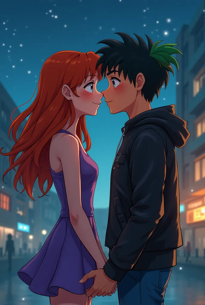 More anime and more romantic, The two must watch each other, e i capelli della ragazza più color Carrot  e devono essere al mare di notte.The girl has red hair, Carrot , blue eyes and freckles and a little purple dress, Does he have hazel eyes, black hair ...