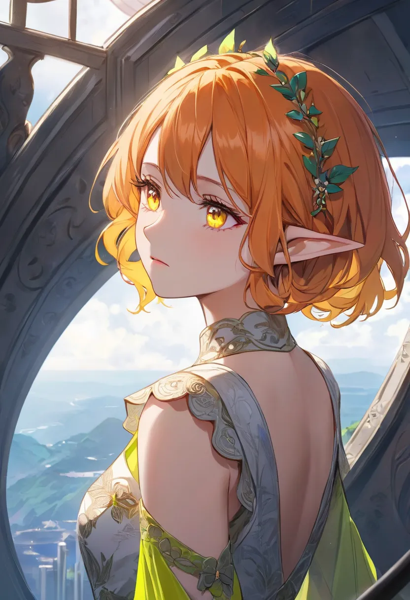   Adult Female,  short orange hair and neon yellow eyes 、 Elf Ears、Slightly sad face、 staring into the distance、face up 、 Wearing a gorgeous dress with a vibe like a traveler