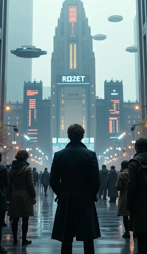 Sherlock Holmes em 2147, It's in a public square, in front of a futuristic government building, Giving an interview with several holographic screens displaying surrounding information. He is surrounded by a group of journalists facing him., also with advan...