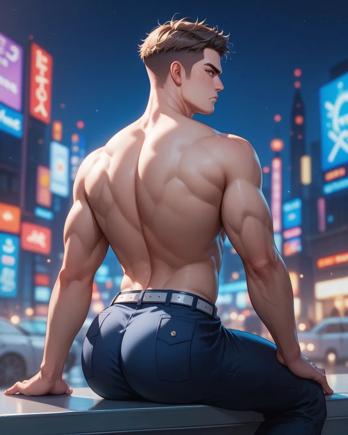 high quality. full hd (Millions Knives) (,Handsome man with a serious face) ( frown) ( strong body) (muscular body) (short hair rubio platino) (short hair, pointed butt, shaved on the sides) ( look straight ahead) ( background of a city) ( night) (dark) (s...