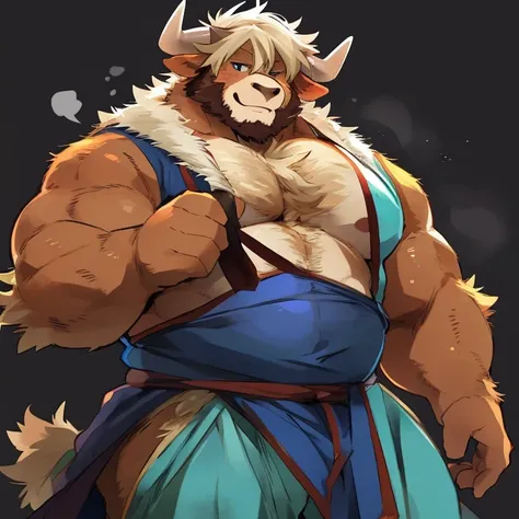 cow, highland cattle, furry, handsome, very muscular, very big, extremely hot and sexy, beard, hair, chest hair, charming eyes, solo, male, happy expression, daddy, full body, big body, turquoise medieval clothes, middle aged, by hyaku, by darkgem, by glit...