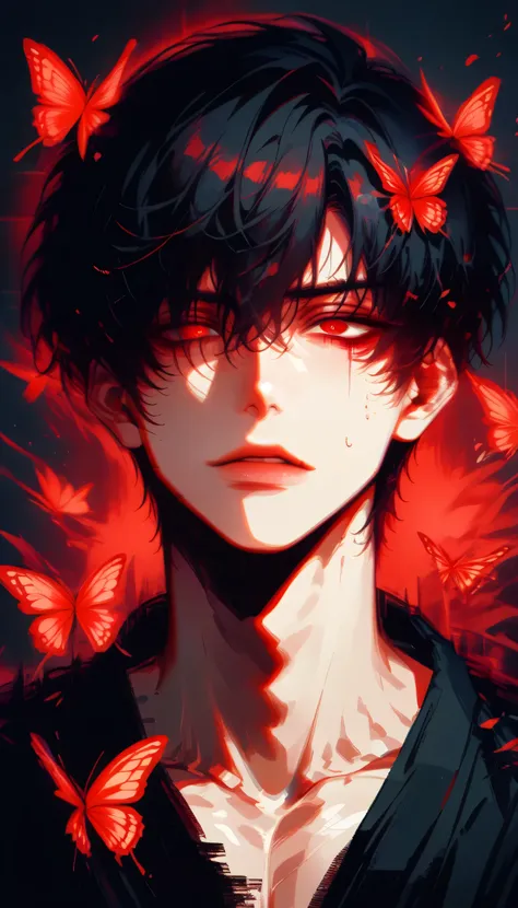 (score_9, score_8_ up), score_7_ dark atmosphere, Adult male,  black hair,  fluent language  ,  one boy ,  red eyes,  No Emotion , male concentrated, concentrated, Chest,  flameout , reality , Bust ,  sexy boy ,  bangs over eyes、Downcast eyes、Thin eyebrows...