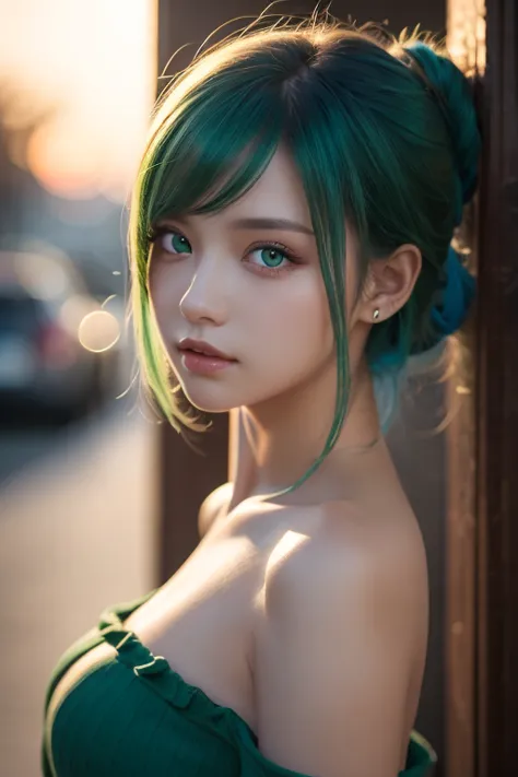  best quality , Masterpiece,  super high resolution, ( realism: 1.4),   Original Pictures ,  1 girl,  green eyes,  off shoulder,  Cinematic Lighting,   blue hair , At sunset