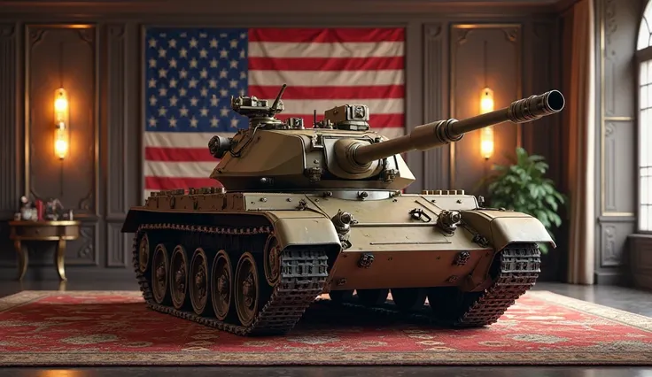 "Create an ultra-HD, full-HD, ultra-quality, realistic, and highly detailed image of the 2026 M48 Patton tank standing alone in a luxurious, well-lit, and stylish room. The tank should have a real, shiny metallic look, reflecting light beautifully. The bac...