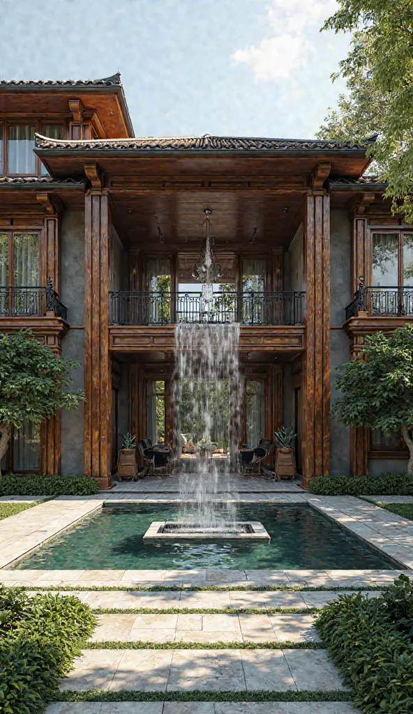 generates an image with a two-story mansion with wooden pillars at the entrance and another at the interior entrance with a modern artificial waterfall