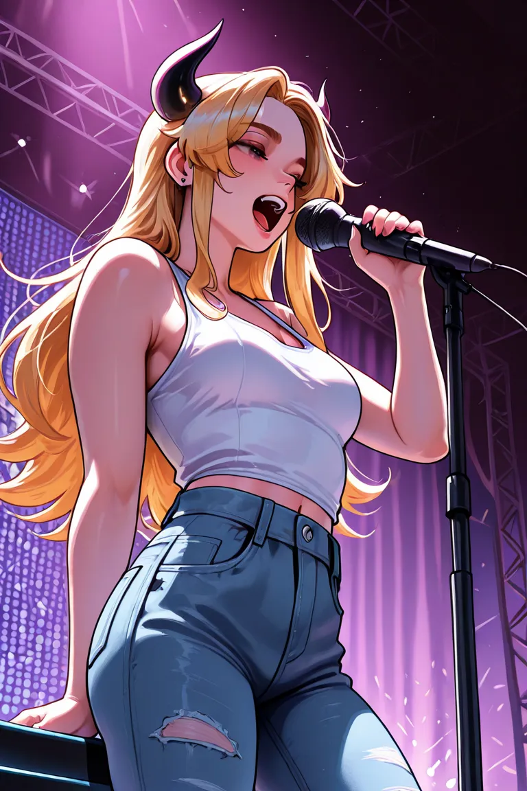 a punk, female, blonde, long hair, girl, with devil horns, singing a song, low rise jeans, white tank top, on a stage,