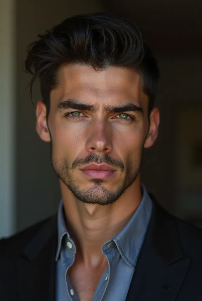 26-year-old male, Caucasian, slightly chipped skin, straight black hair, with a youthful cut. Fine but very manly features. green eyes, sharp and penetrating look. MAN WHO EXUDES POWER,  Safety , MAGNETISM AND SENSUALITY. THE TYPICAL ENIGMATIC BAD BOY THAT...