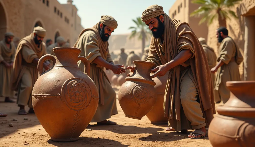 Generate an image of Israelite men of the time, with medium-sized pots with the king's seal on the front of the vase, filling wine and oil 