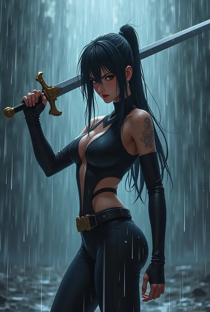 A woman in the rain with a pointed sword in high anime style