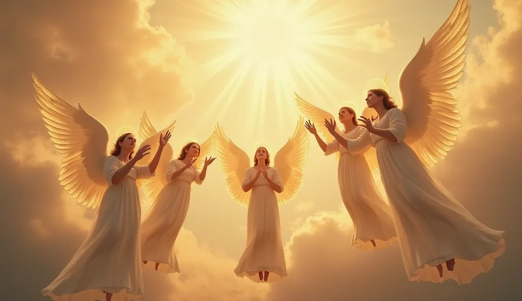 "A group of majestic angels with radiant wings, soaring gracefully in circles within a divine golden light. Their serene faces glow with peace as they chant praises in melodious harmony. A soft halo surrounds them, their wings gently fluttering while the s...