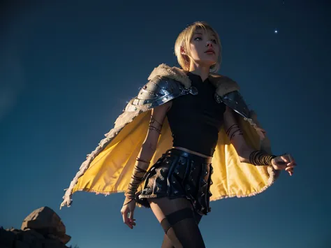 Astrid, yellow cape, short hair, slim body, small bust,  mini skirt, pretty legs, black tights,  from the front, walking, looking up at the sky, cielo nocturno, milky way