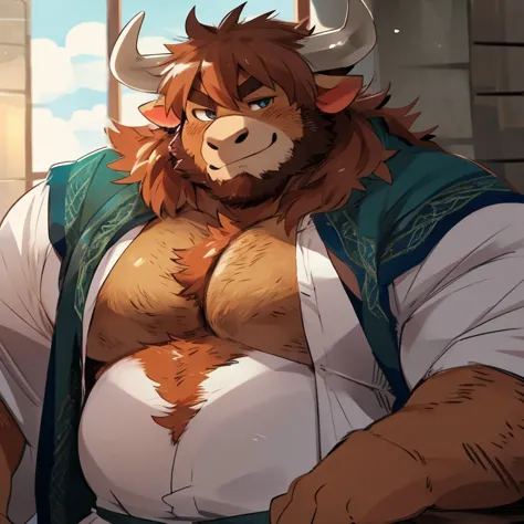 cow, highland cattle, furry, handsome, very muscular, very big, extremely hot and sexy, beard, hair, chest hair, charming eyes, solo, male, happy expression, daddy, full body, big body, turquoise medieval clothes, middle aged, by hyaku, by darkgem, by glit...