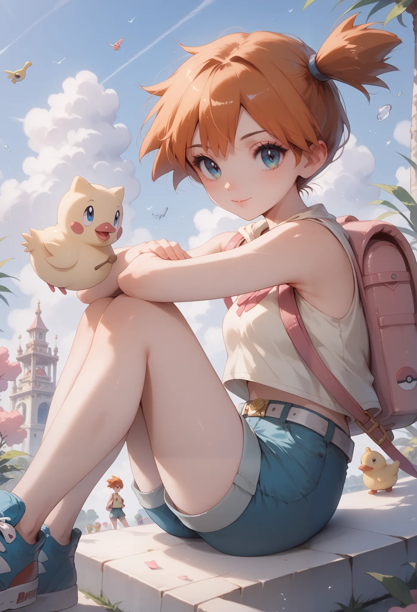 Misty_ Pokemon  , cabello naranja, wearing a sleeveless shirt with a yellow hood, she also draws blue shorts with a white belt and a pink buckle,  blue sneakers , a very adorable Psyduck backpack
( insanely detailed, beautiful detailed face, masterpiece, t...