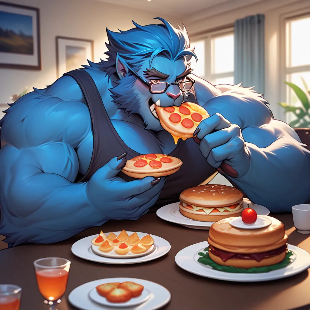 score_9, score_8_up, score_7_up,   XBeast, solo, bara, blue fur, blue hair, glasses, black tanktop, sitting down eating large breakfast in the Xmansion dining room table with +2 other mutant characters.