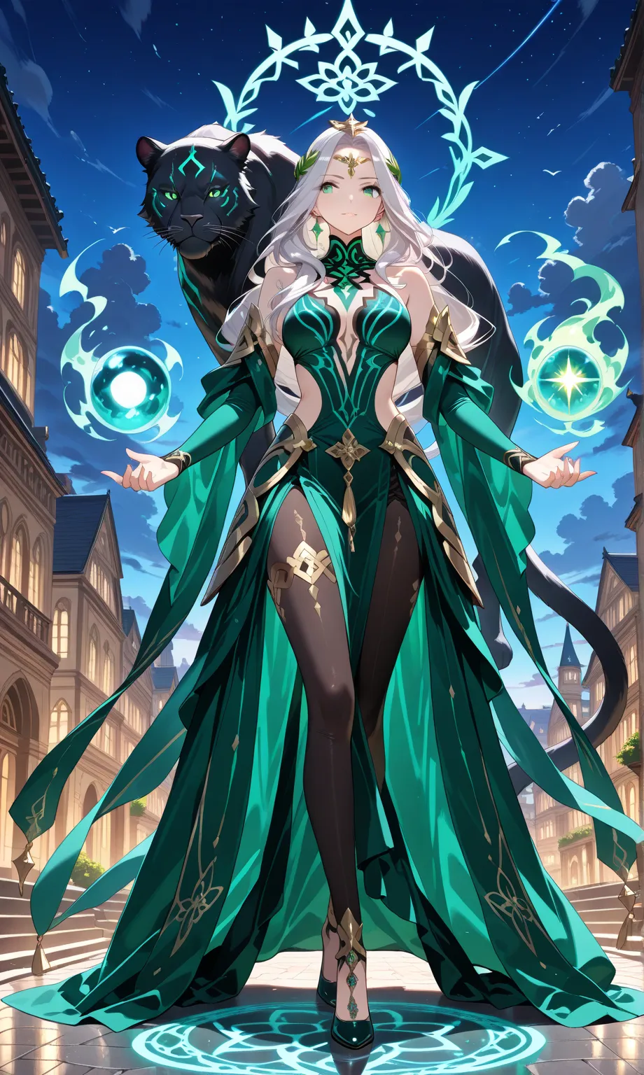 ((masterpiece, best quality)) (1girl) A graceful goddess with the head of a black panther and glowing green eyes, her long, sleek hair shimmering like silk. She wears light armor adorned with feline motifs, and her movements are swift and agile. In one han...