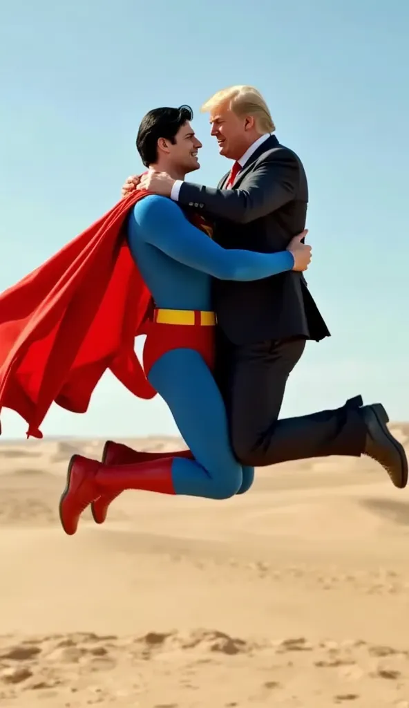  US President Trump and Noah Baker kissing each other. Noah Baker Close-up ， looking at the camera. White man Noah Baker  ,  Black Hairstyle , Jumping Incredibly High ,  wearing a tight blue superman outfit ,  Red Cloak ,  and red superhero boots . The sce...