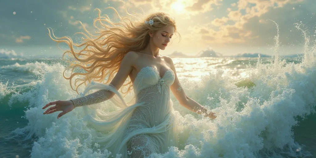 the birth of aphrodite: The goddess emerging from the sea foam under a divine glow.