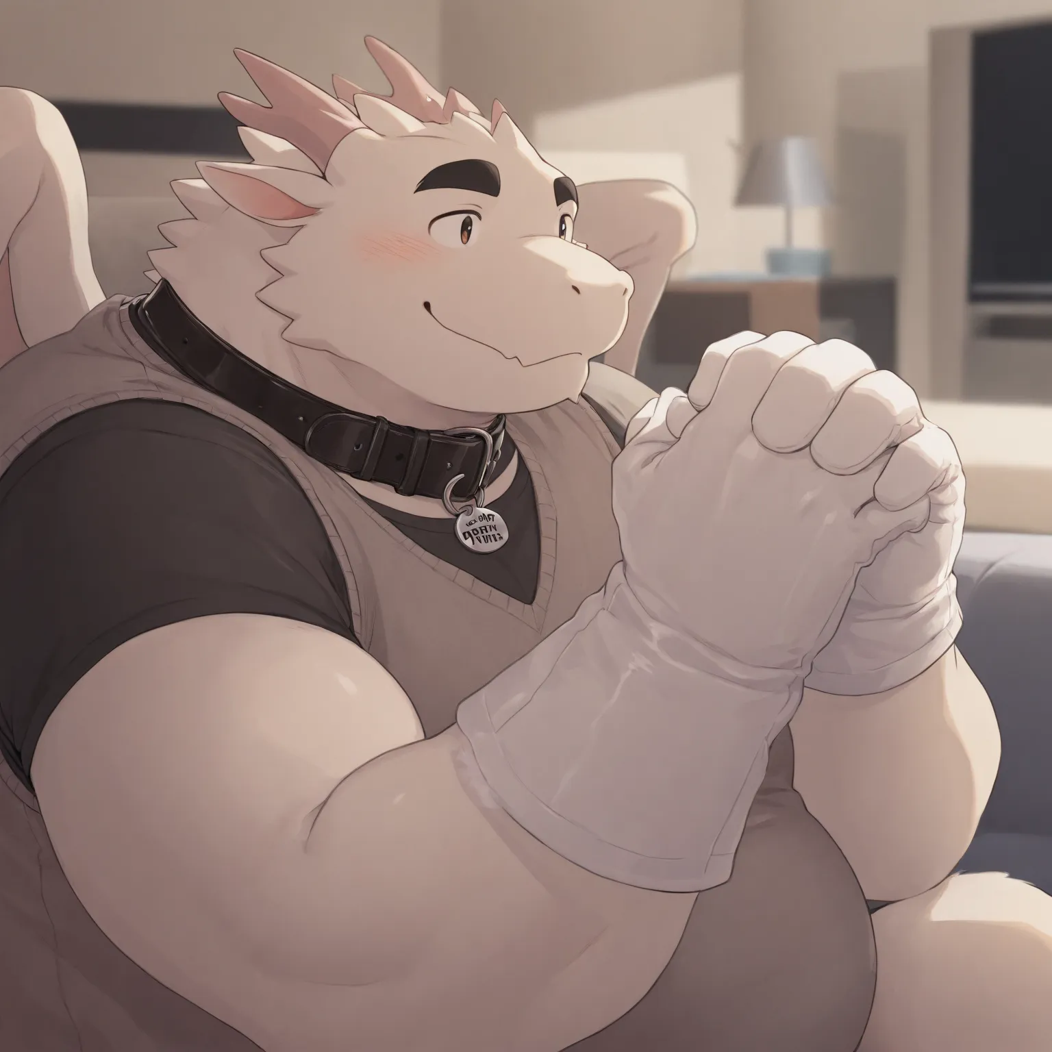 High Quality, Male, Dragon, Anthro(Dragon),Chubby,(Black eyebrows:1.1),(Perfect eyes),Smooth Skin，（artist:Takemoto Arashi），Living Room background，claw，（Sweater-vest:1.3）。Wearing a Leather collar around his neck. Wearing fancy white gloves on his hands, fan...