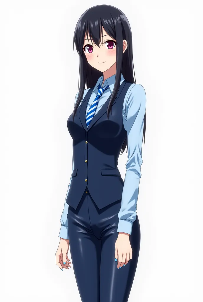 Japanese anime ********** woman with long straight black hair and intense magenta eyes and light blue nails and wears a light blue long-sleeved shirt with a classic collar, combined with a blue and white tie and a dark blue vest with short sleeves and with...