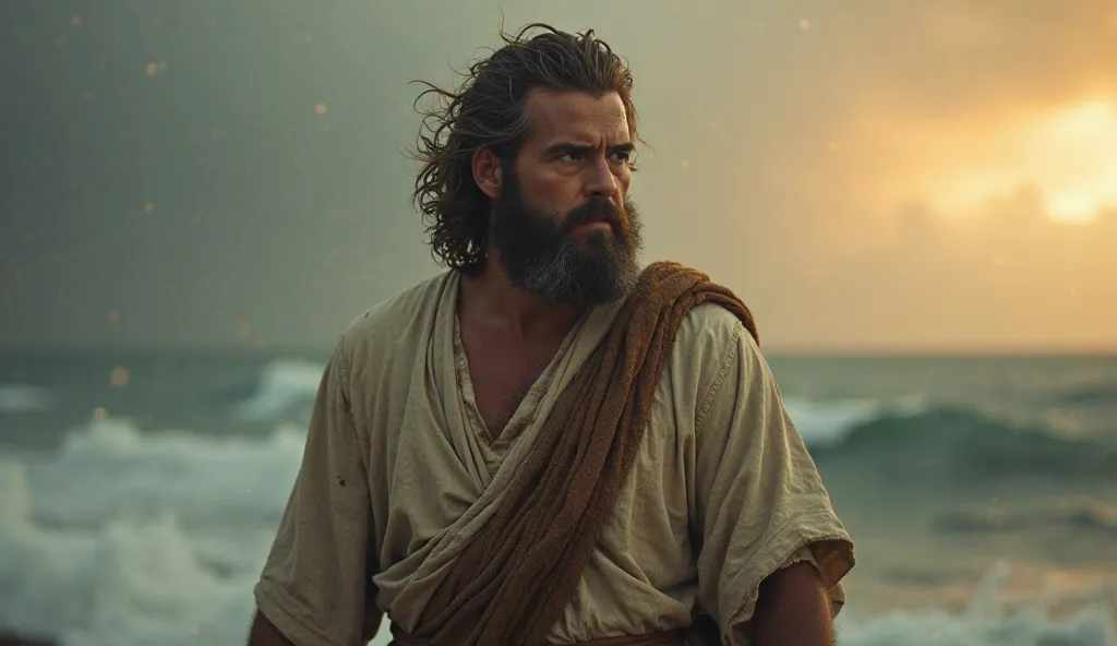 A cinematic, highly detailed depiction of Jonah in a biblical setting. Jonah is dressed in traditional ancient Hebrew garments, a simple tunic with a sash, worn and weathered from his journey. His face shows a mix of determination and divine awe, with a be...