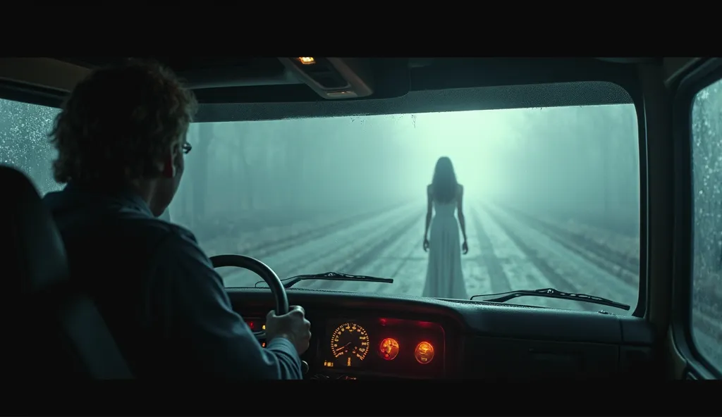 "The trucker's first-person perspective inside the cabin, looking out through the open window. The woman in the white dress stands in front, shrouded in a dense mist. The truck's headlights partially illuminate her body, but her face is hidden in the dark....